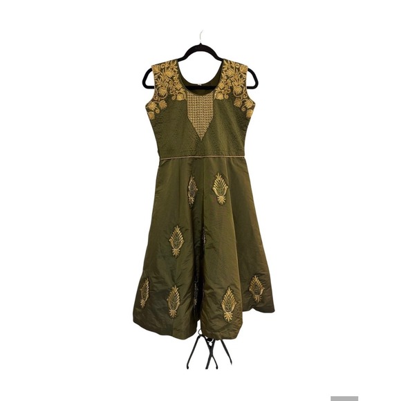 Dresses & Skirts - Vintage Olive Green Gold Embroidered Sequin Sleeveless Fit Flare Dress Womens